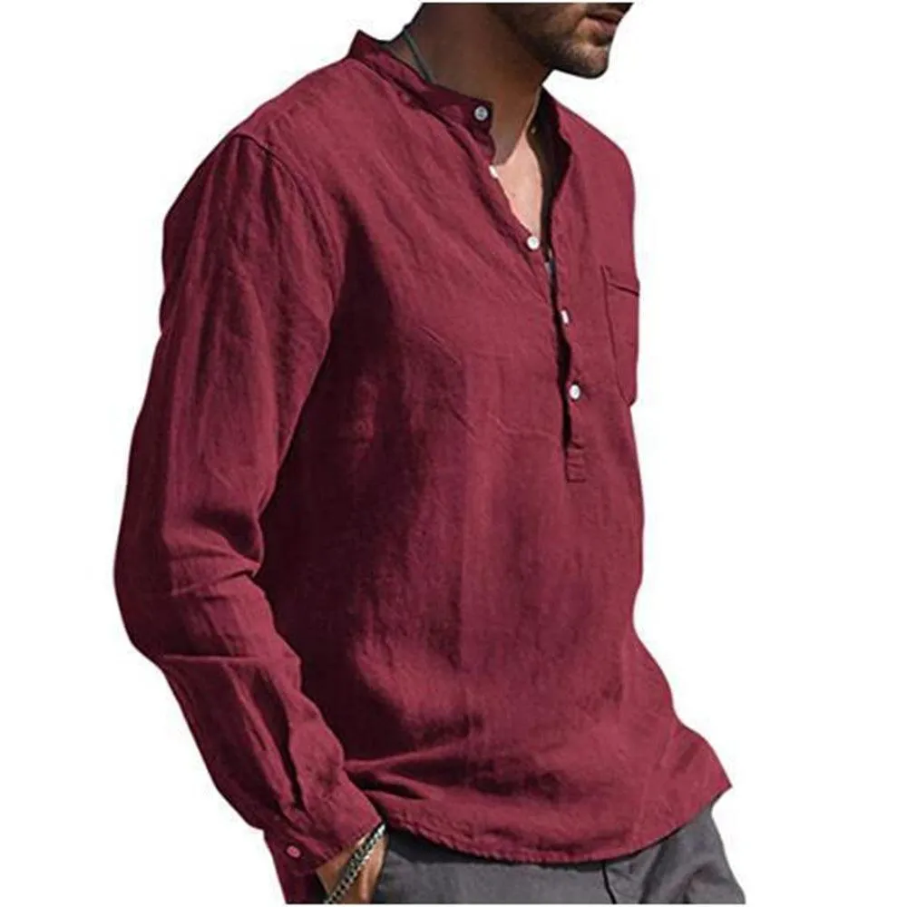 Long Sleeve Henley Pure Cotton Linen Shirts - Casual Summer Beach Style