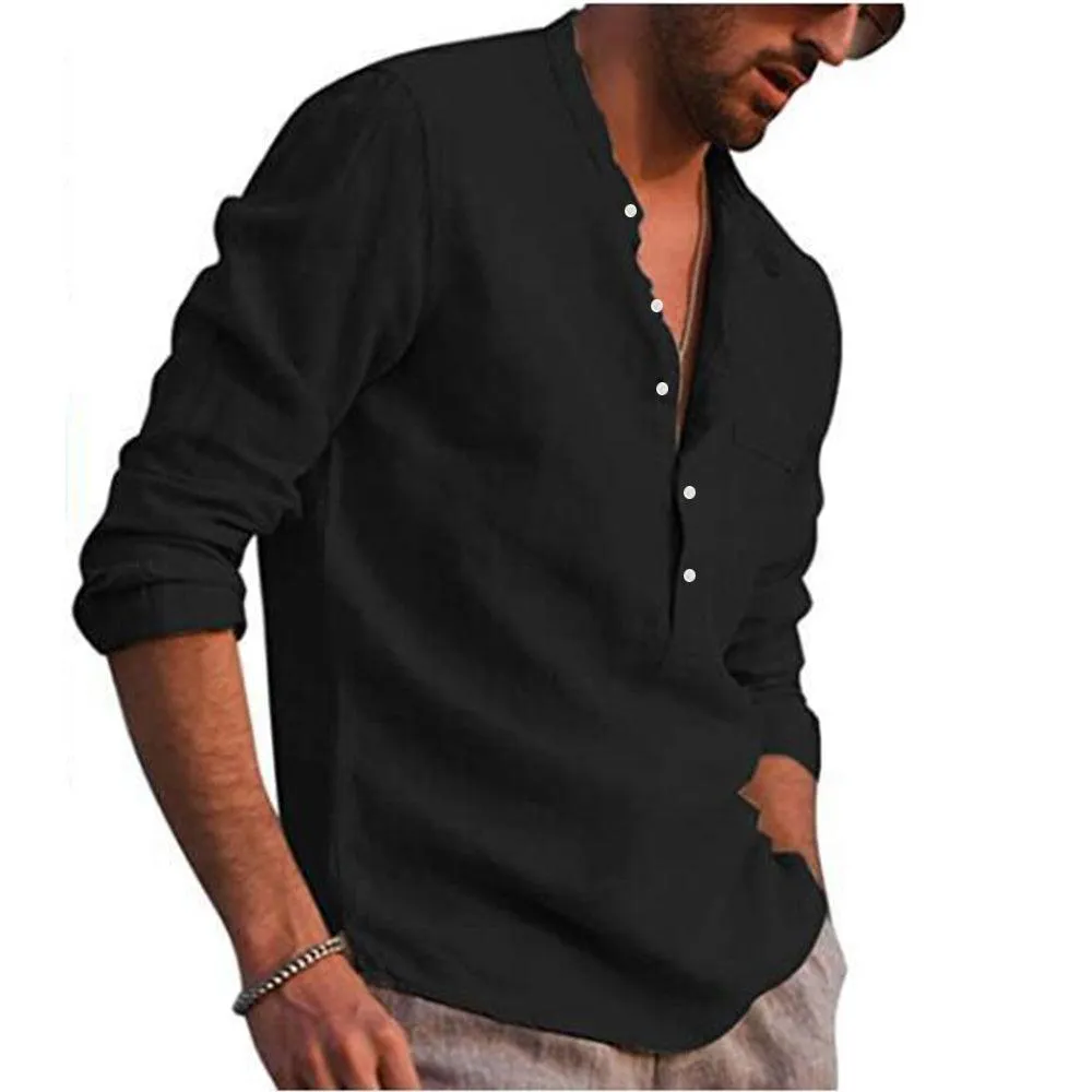 Long Sleeve Henley Pure Cotton Linen Shirts - Casual Summer Beach Style