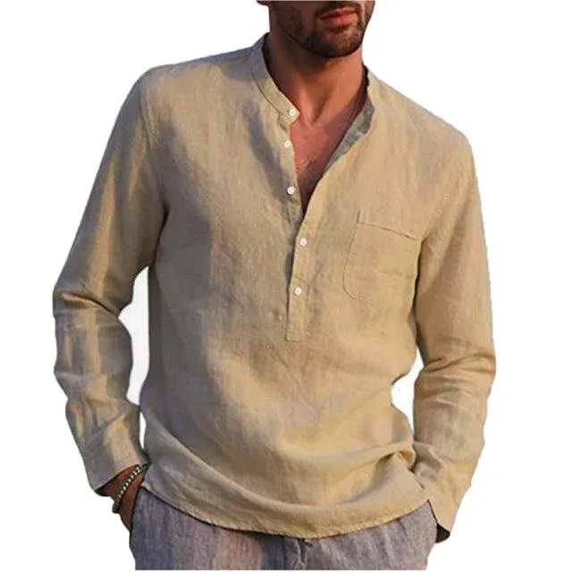 Long Sleeve Henley Pure Cotton Linen Shirts - Casual Summer Beach Style