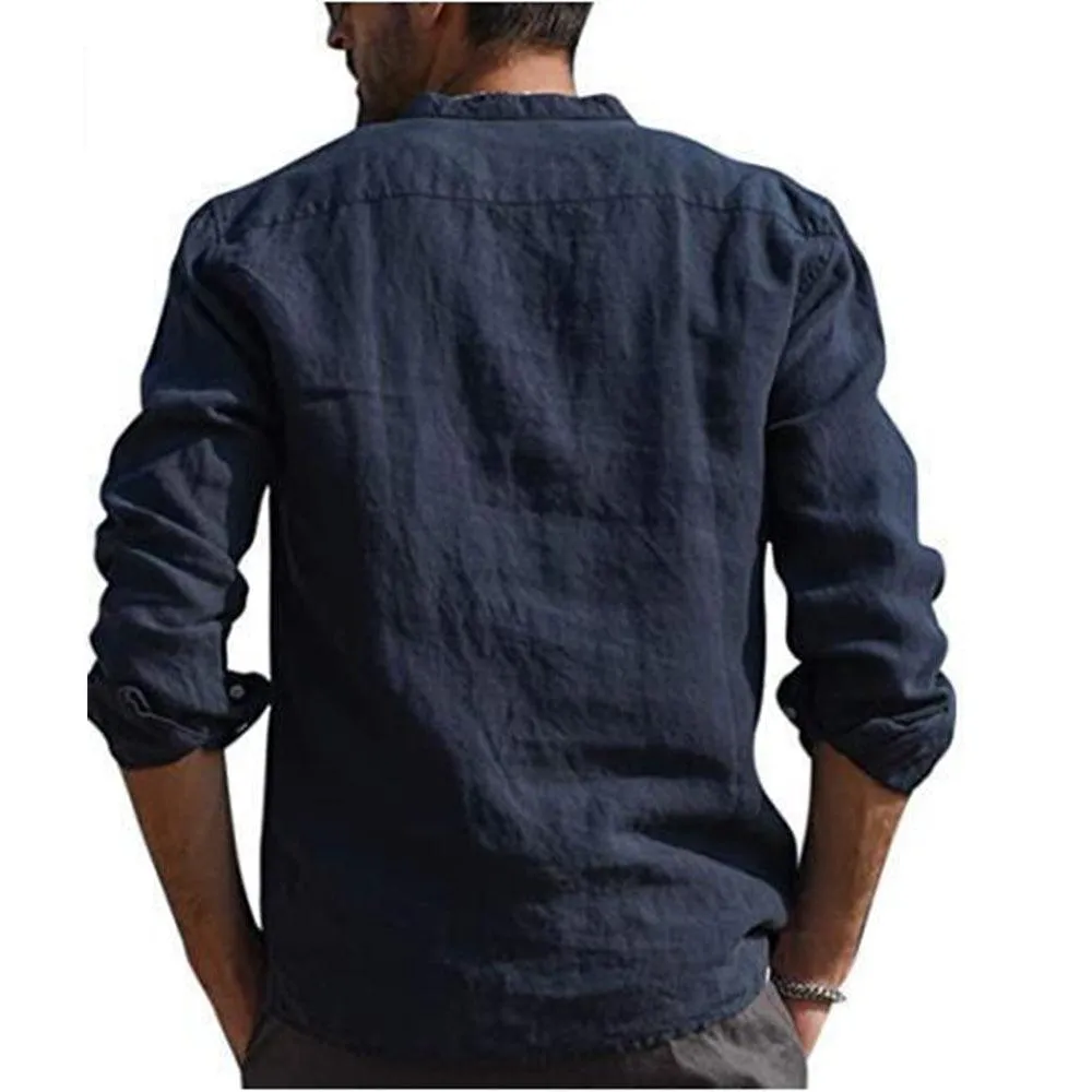 Long Sleeve Henley Pure Cotton Linen Shirts - Casual Summer Beach Style