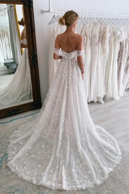 Luxury Long A-Line Off-the-shoulder Lace Wedding Dresses With Glitter