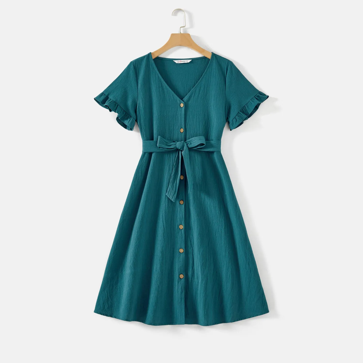 Mommy and Me 100% Cotton Button Front Solid V Neck Ruffle-sleeve Belted Dresses