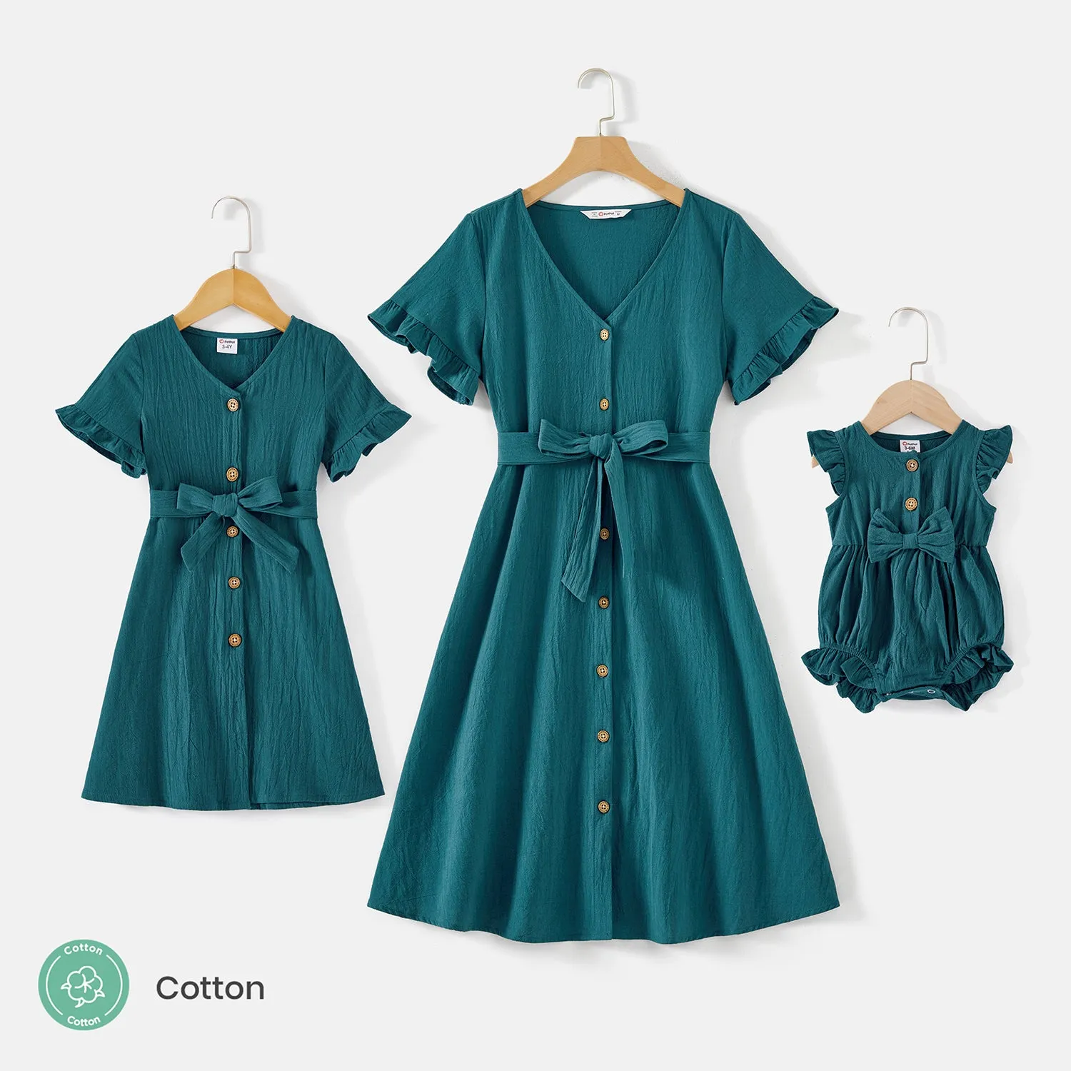 Mommy and Me 100% Cotton Button Front Solid V Neck Ruffle-sleeve Belted Dresses