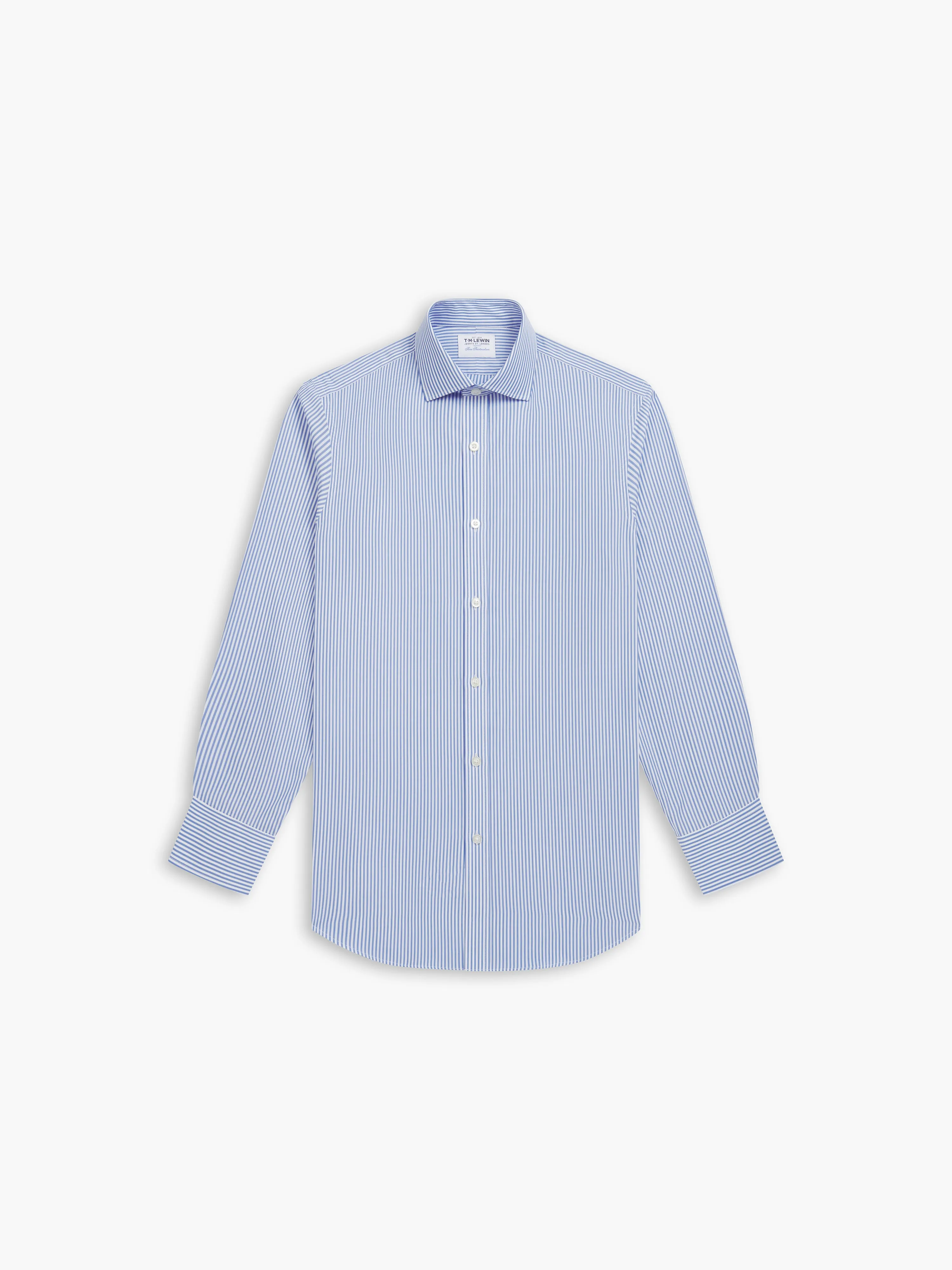 Non-Iron Light Blue Stripe Poplin Fitted Single Cuff Classic Collar Shirt