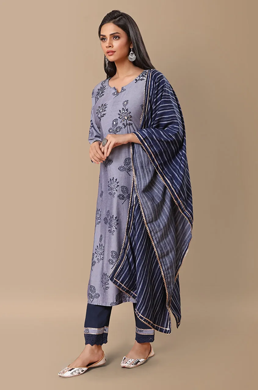 PANAAH - Floral Navy Blue 3 Piece Kurta Set with Dupatta