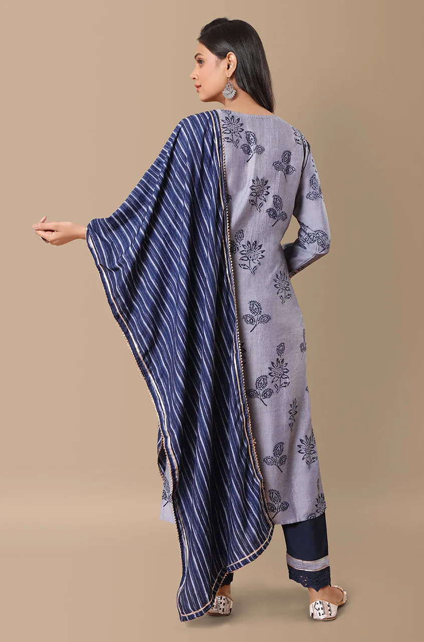 PANAAH - Floral Navy Blue 3 Piece Kurta Set with Dupatta