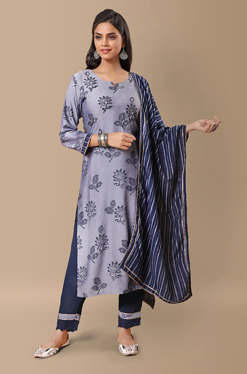 PANAAH - Floral Navy Blue 3 Piece Kurta Set with Dupatta