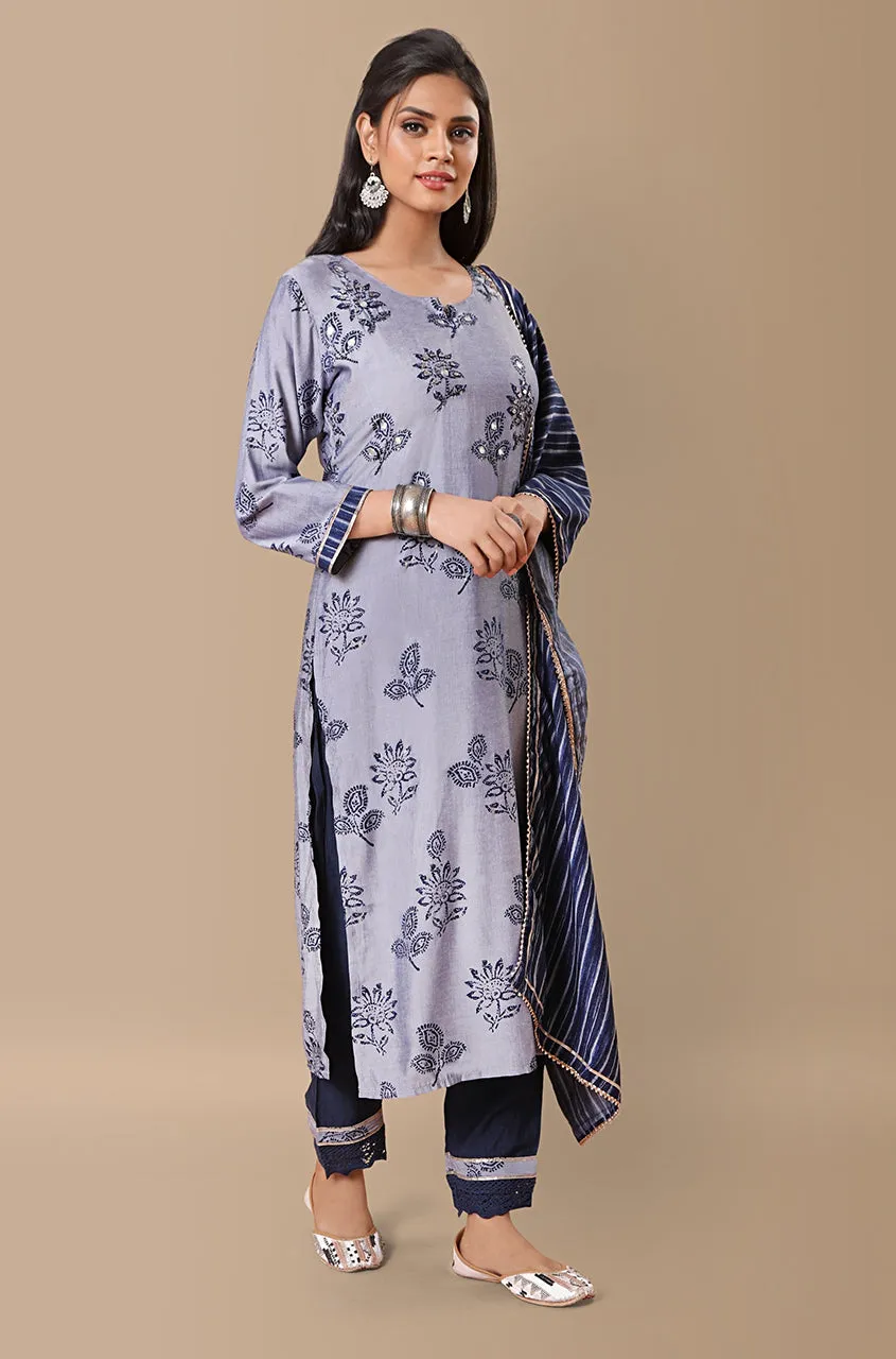 PANAAH - Floral Navy Blue 3 Piece Kurta Set with Dupatta