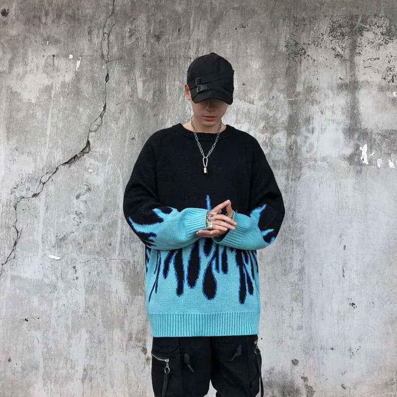 Retro Style Blue Flame Pattern Pullover Men Sweater