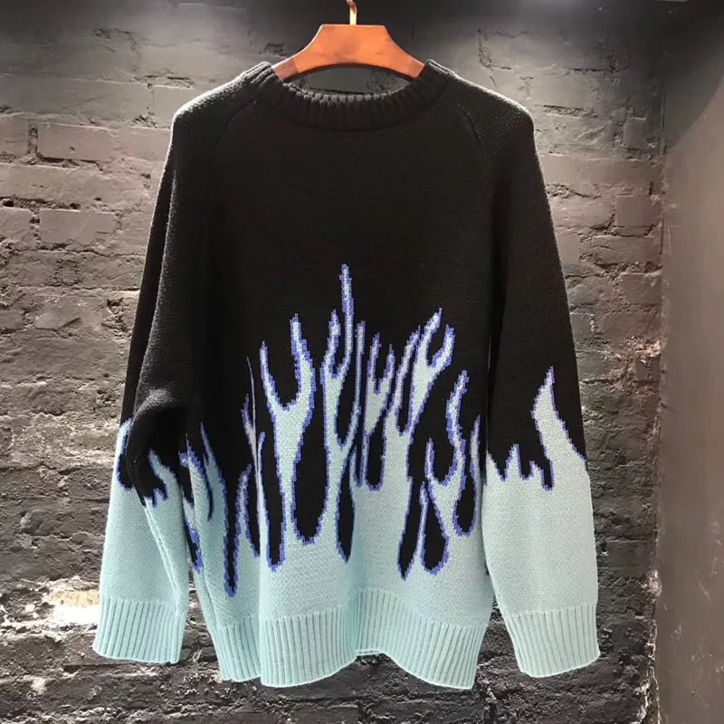 Retro Style Blue Flame Pattern Pullover Men Sweater