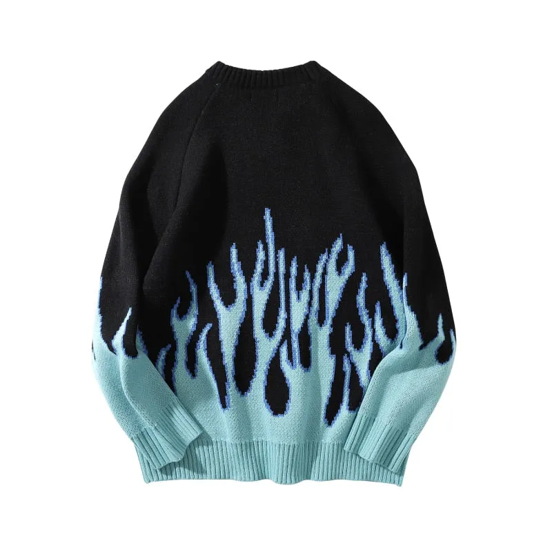 Retro Style Blue Flame Pattern Pullover Men Sweater