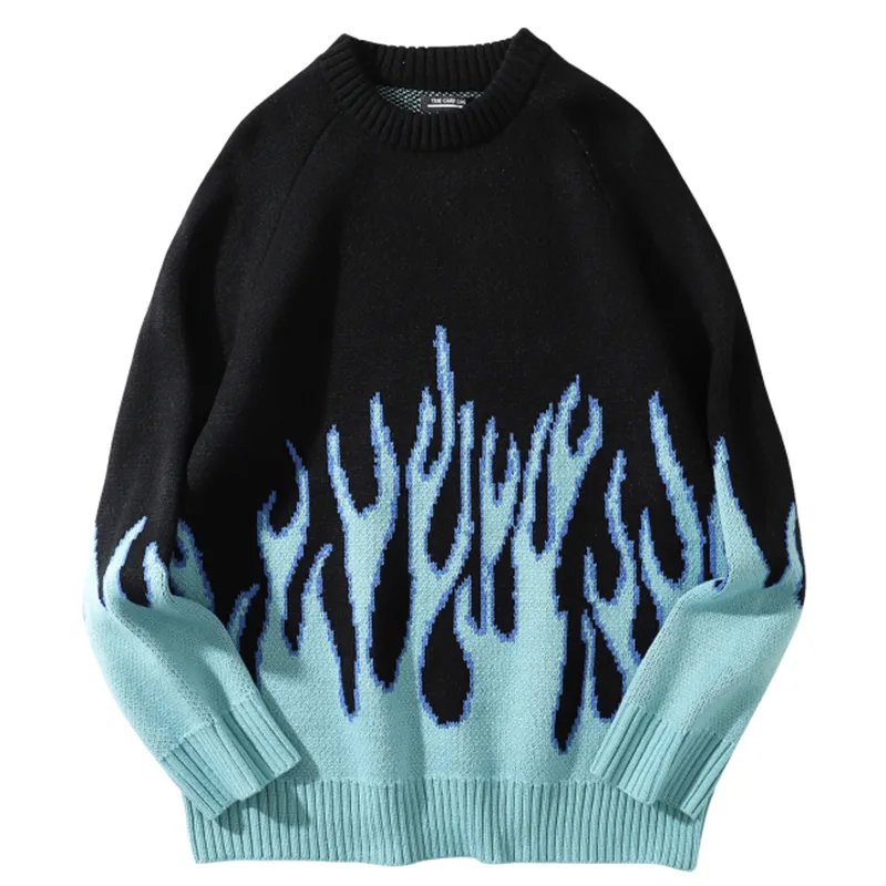 Retro Style Blue Flame Pattern Pullover Men Sweater