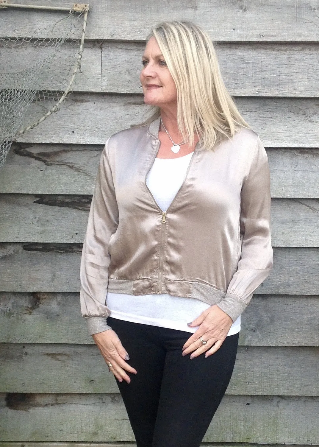 Satin Bommer Jacket in Sand