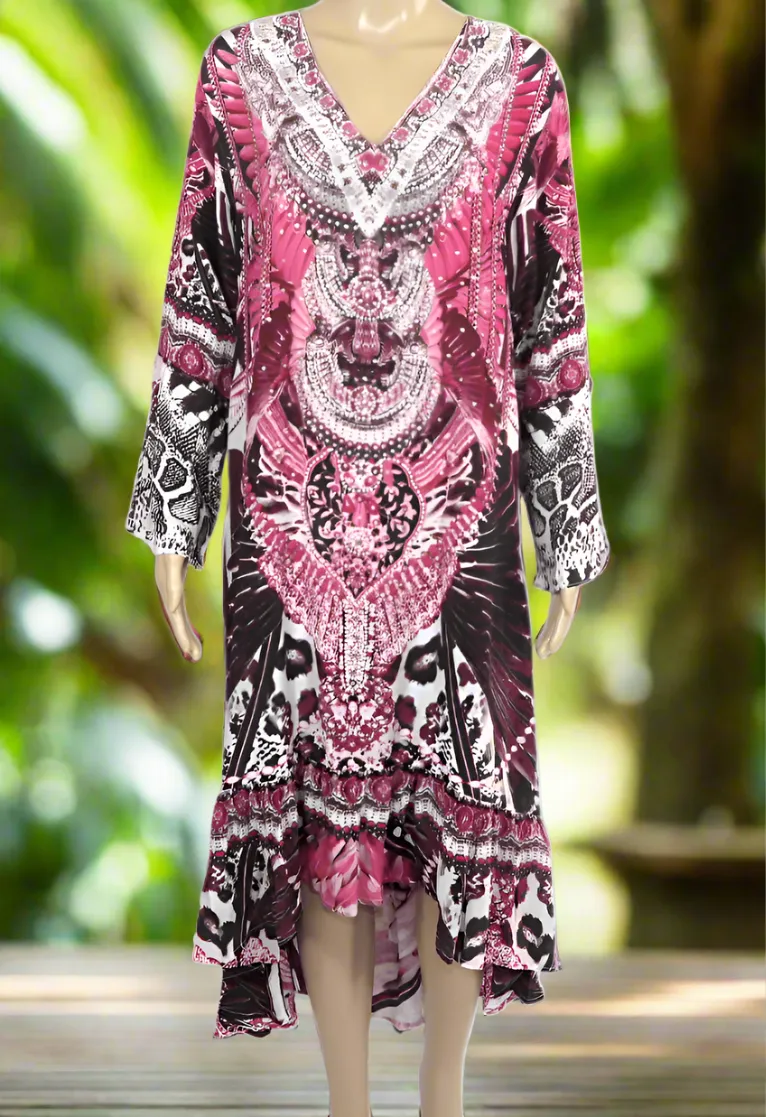 Silk Hi-Low Frill Dress - Amur-Pink-kaftans that bling