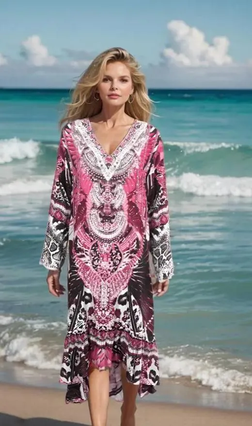 Silk Hi-Low Frill Dress - Amur-Pink-kaftans that bling