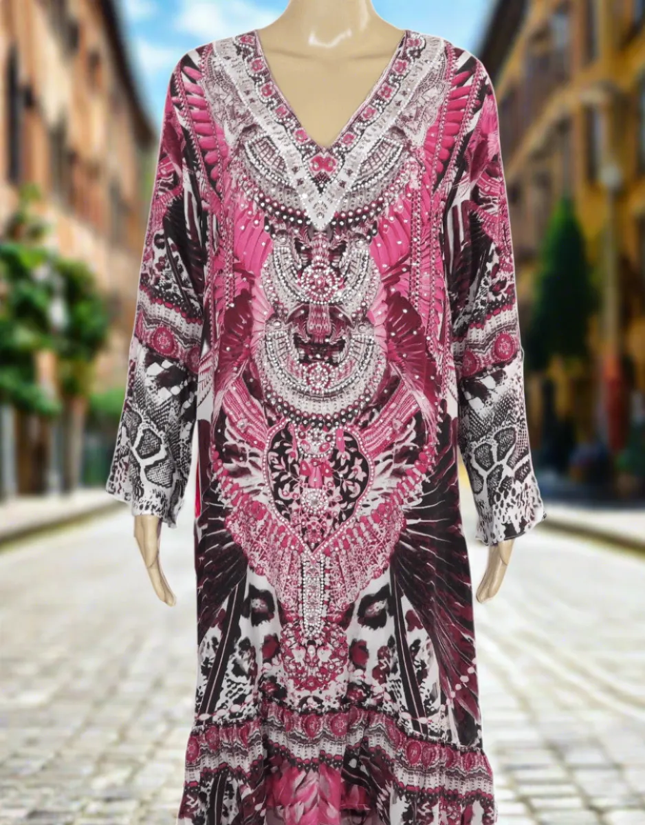 Silk Hi-Low Frill Dress - Amur-Pink-kaftans that bling