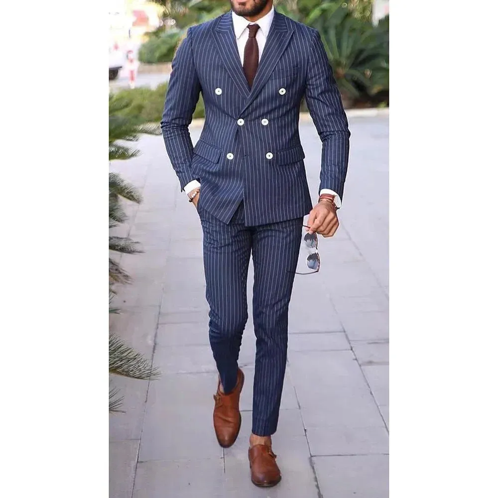 Slim Fit Striped Men's Suit 2-Piece Blazer & Pants for Wedding Groom