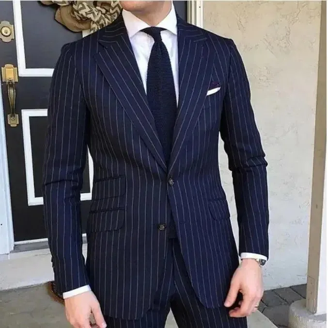 Slim Fit Striped Men's Suit 2-Piece Blazer & Pants for Wedding Groom