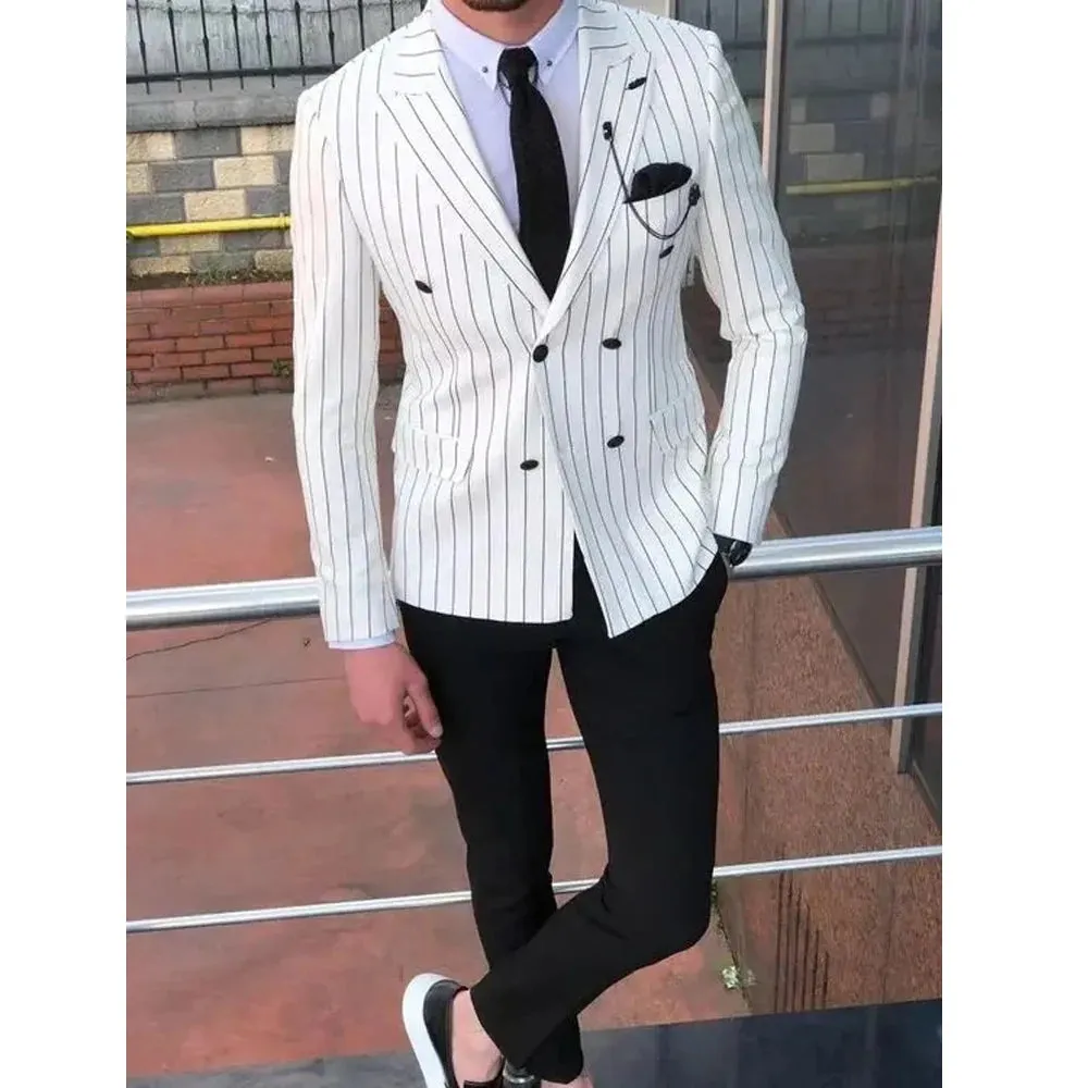 Slim Fit Striped Men's Suit 2-Piece Blazer & Pants for Wedding Groom