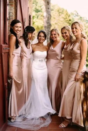 Soft Silk Satin Sleeveless Rose Gold  Floor Length Bridesmaid Dresses