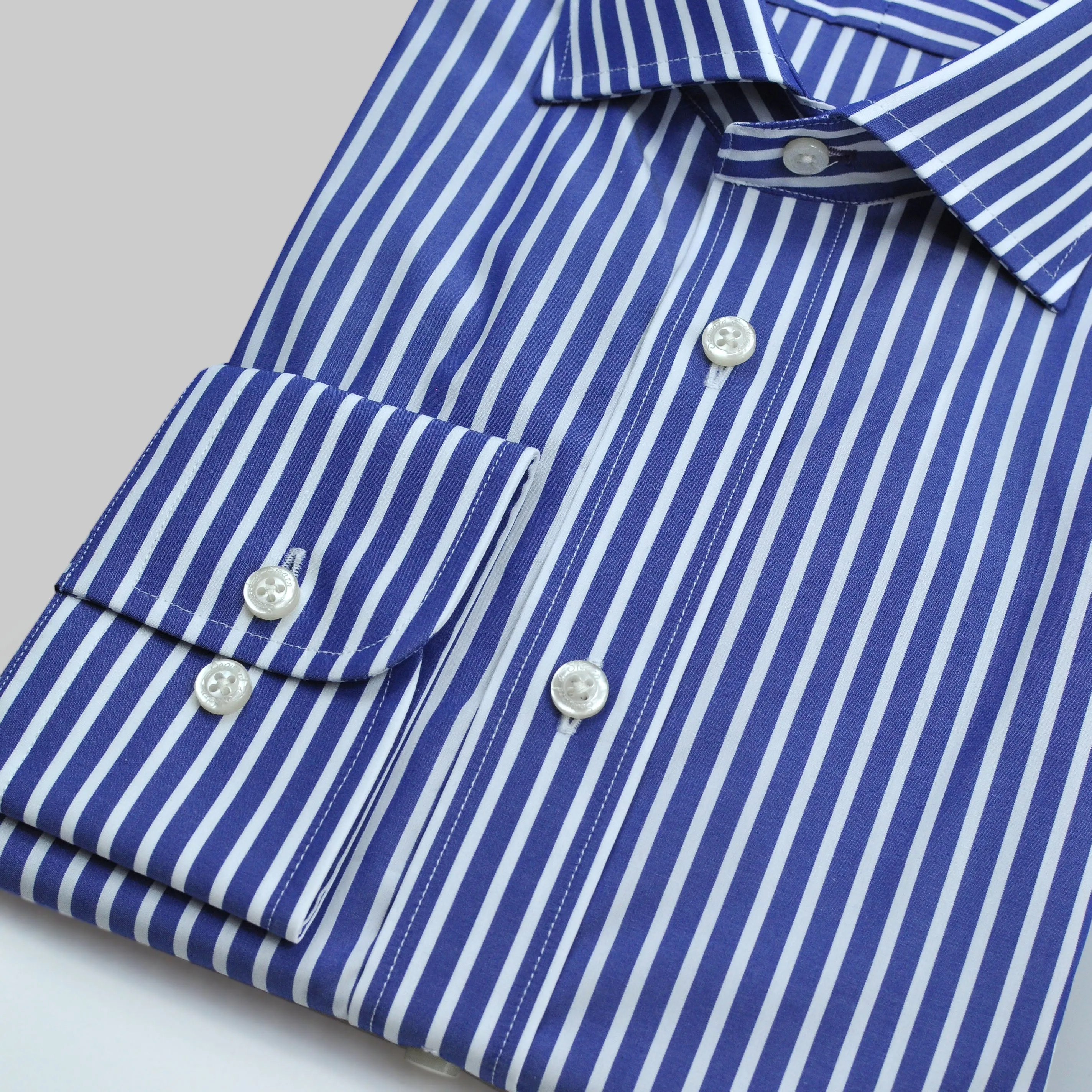 Spread Collar Block Stripe Cotton Shirt in Blue