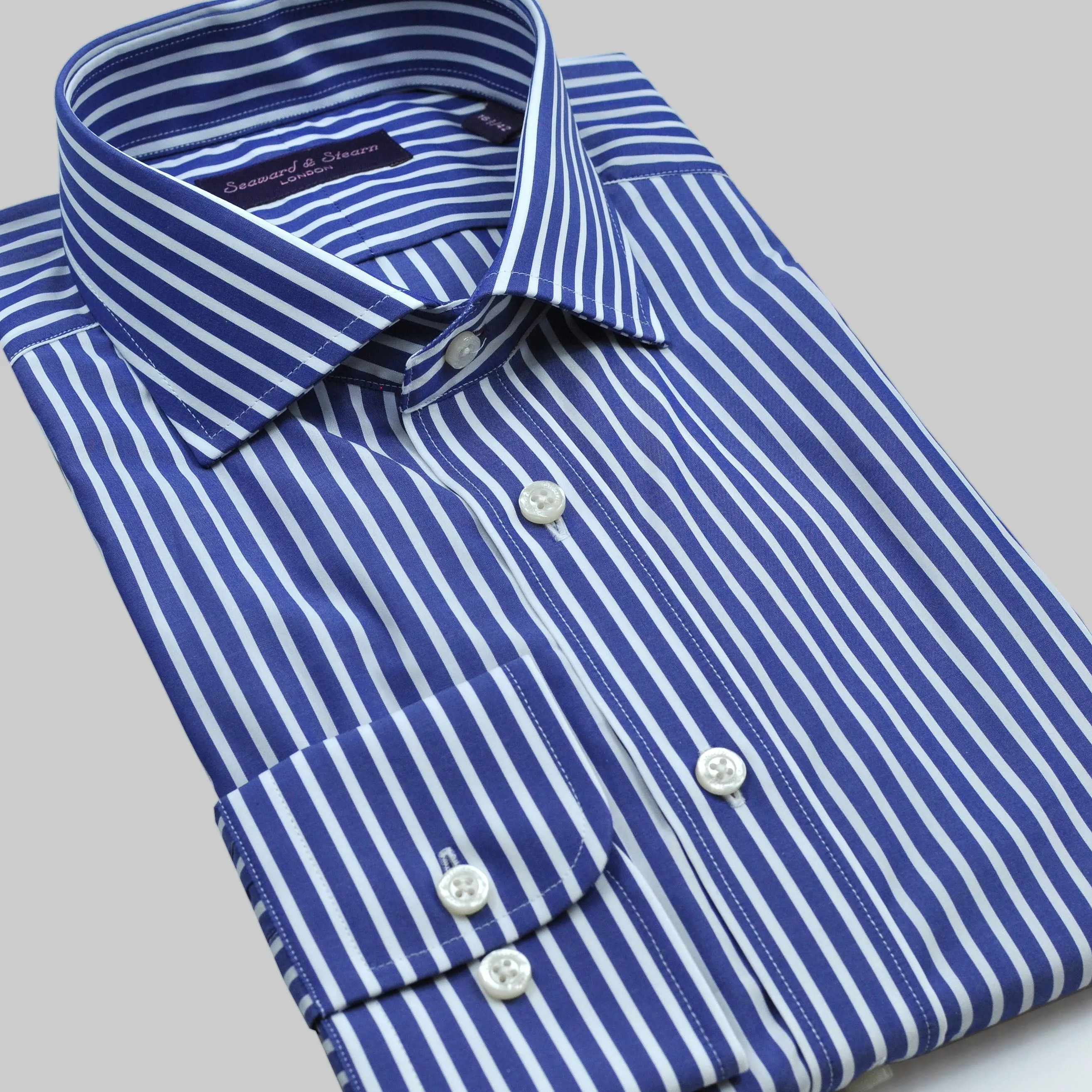 Spread Collar Block Stripe Cotton Shirt in Blue