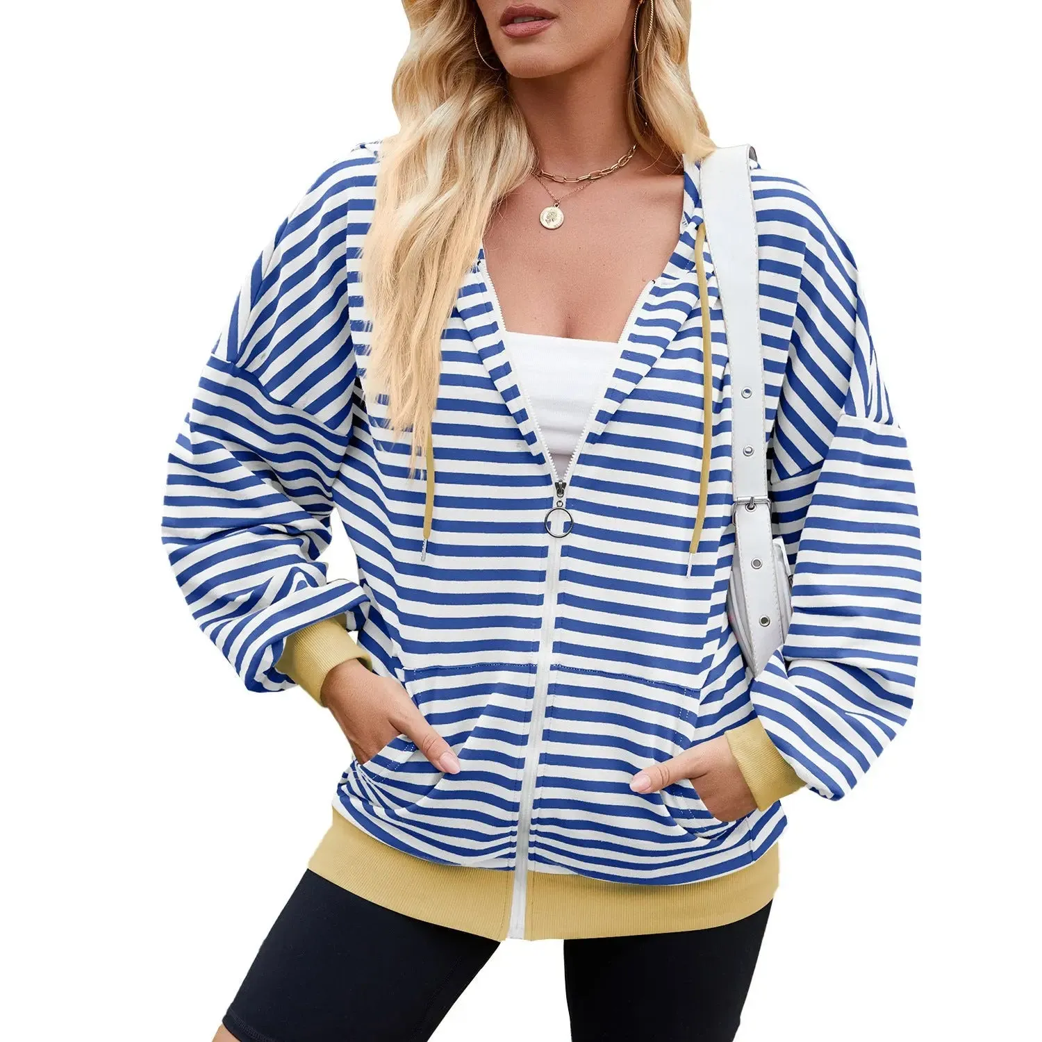 Striped Zipper Hooded Sweatshirt