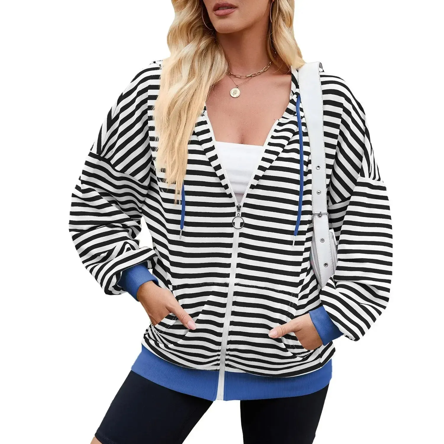 Striped Zipper Hooded Sweatshirt