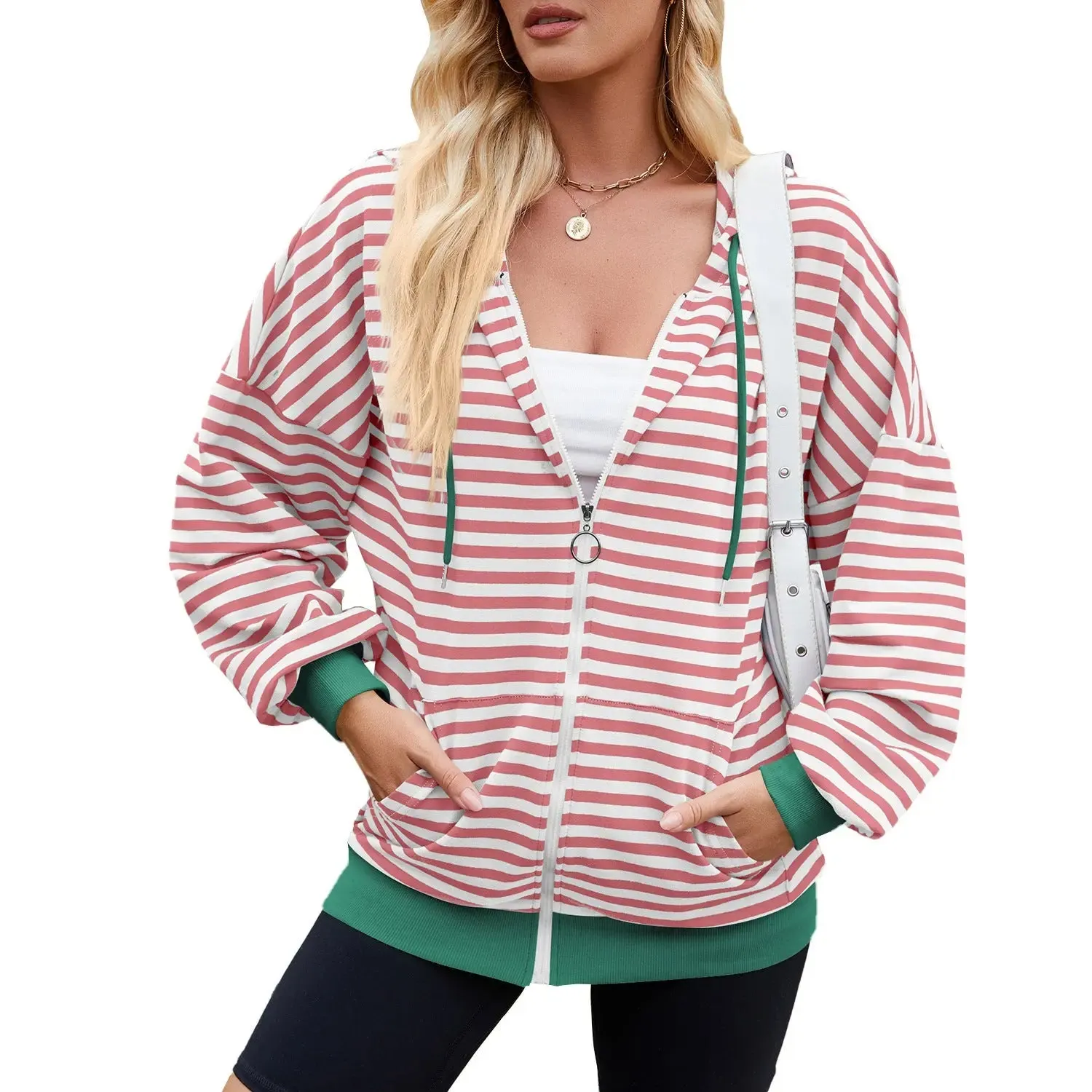 Striped Zipper Hooded Sweatshirt