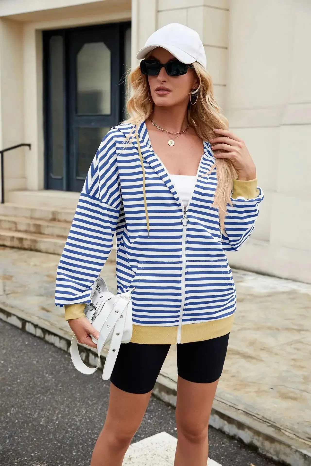 Striped Zipper Hooded Sweatshirt