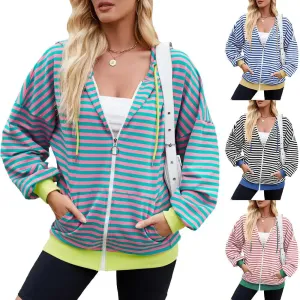 Striped Zipper Hooded Sweatshirt