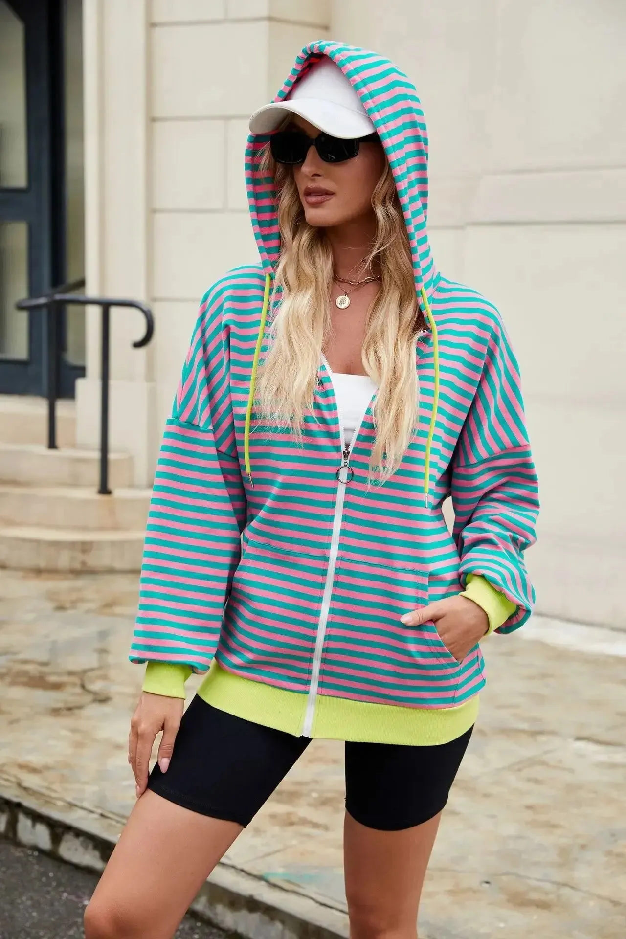 Striped Zipper Hooded Sweatshirt