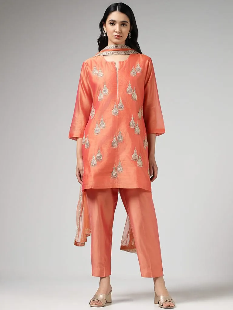 Vark Jumkha Embroidered Coral Kurta with Pants & Dupatta