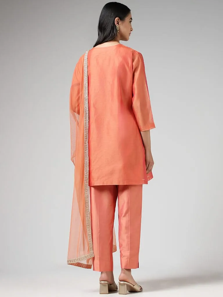 Vark Jumkha Embroidered Coral Kurta with Pants & Dupatta